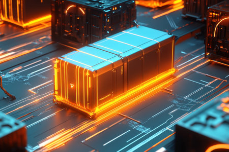 Glowing containers are arranged on a dark surface, illuminated by vibrant orange lights in a technological setting.の写真素材