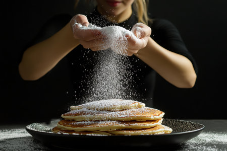 A person sprinkles powdered sugar over a tall stack of fluffy pancakes placed on a plate, creating a tempting treat.の写真素材