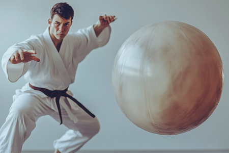 A martial artist in a white uniform and black belt interacts with a training sphere in a dojo.の写真素材