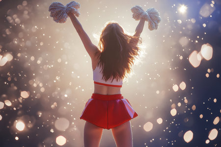 A cheerleader dances energetically while holding pom poms, surrounded by sparkling lights and vibrant atmosphere.の写真素材