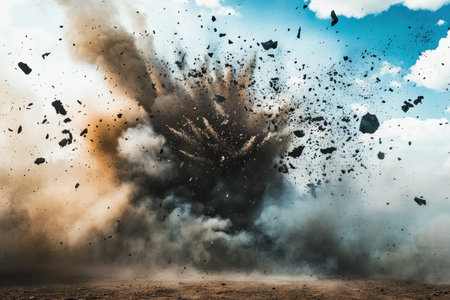 A powerful explosion sends debris and smoke into the air, creating chaos in a barren desert at midday.の写真素材