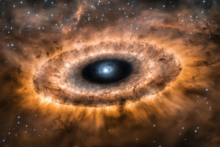 A striking nebula reveals vibrant colors with swirling dust and a bright core, set in the depths of space.の写真素材