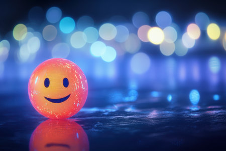 A vibrant orange ball features a smiley face, reflecting colorful bokeh lights in a nighttime setting.の写真素材