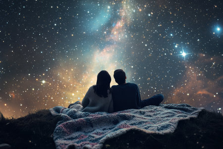 A couple relaxes on a blanket, gazing at a star-filled sky with vibrant nebulae and swirling galaxies above them.の写真素材