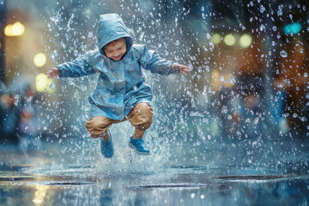 A joyful child splashes in puddles with a bright smile, wearing a blue raincoat during a rainy evening.の写真素材