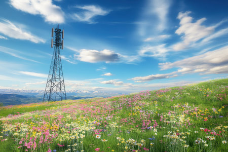 Colorful wildflowers stretch across a green hillside under a bright blue sky with fluffy clouds.の写真素材