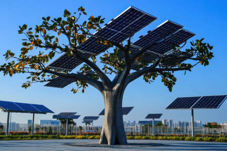 A solar tree equipped with solar panels stands prominently, symbolizing renewable energy in a city.の写真素材