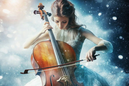 A young woman plays the cello amid falling snowflakes, creating a magical atmosphere with soft, glowing lights.の写真素材