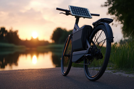 A solar-powered bicycle stands near a river as the sun sets, casting warm light on the water.の写真素材