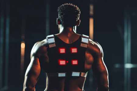 Muscular athlete engages in intense workout while wearing smart technology in a dimly lit gym.の写真素材
