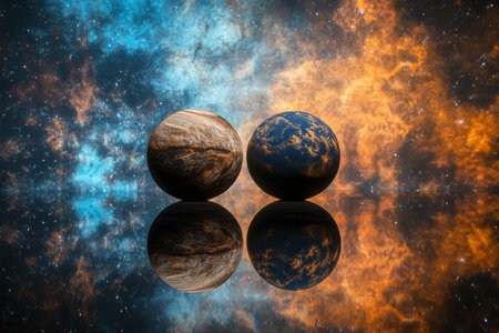 Two vibrant planets float in a cosmic setting filled with brilliant colors and stars.の写真素材