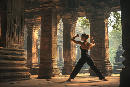 A person performs a powerful martial arts stance amidst stunning temple ruins during early morning light.の写真素材