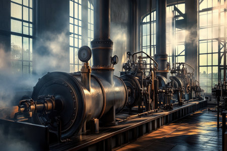 Vintage steam engines stood in a historic industrial space, illuminated by sunlight with steam rising.の写真素材