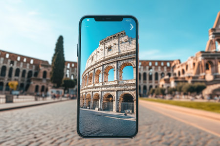 A smartphone showcases the Colosseum, framed by historic buildings, under a bright blue sky.の写真素材