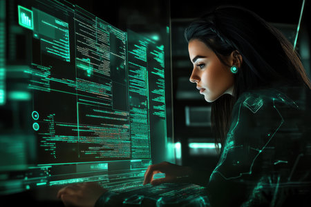 A young woman is focused on a glowing holographic screen displaying complex data in a dark, modern office.の写真素材