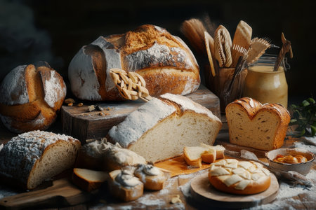 A variety of freshly baked breads are arranged artfully on a wooden table with rustic kitchen elements.の写真素材