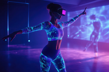 A dancer in colorful attire engages with virtual reality while performing amidst vivid light displays.の写真素材