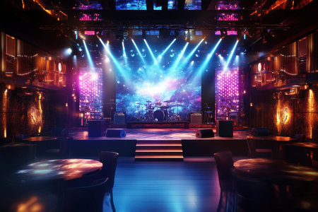 Bright lights illuminate a concert stage set for a live performance, with empty tables and chairs ready for guests.の写真素材
