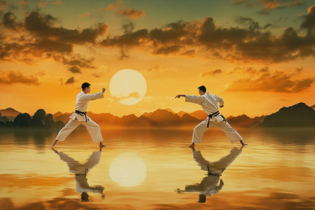 Two martial artists engage in a sparring session during a breathtaking sunset, reflecting on water.の写真素材