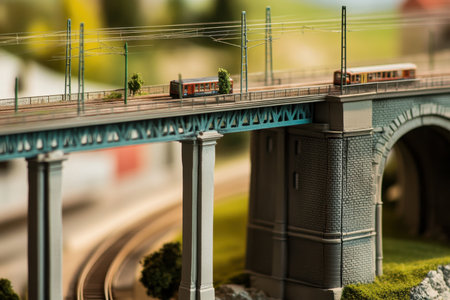 A model train traverses a bridge in a miniature landscape under bright daylight, showing intricate details.の写真素材