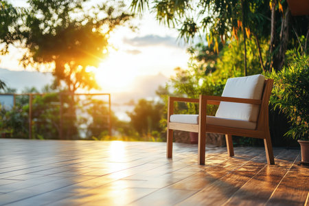 A peaceful wooden chair sits on a sunny deck, surrounded by tropical plants as the sun sets in the background.の写真素材