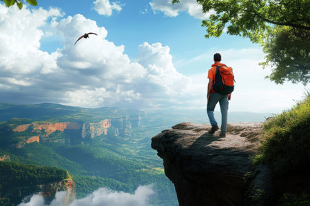 Adventurer stands on rocky edge, admiring panoramic views of verdant hills and dramatic sky with clouds.の写真素材