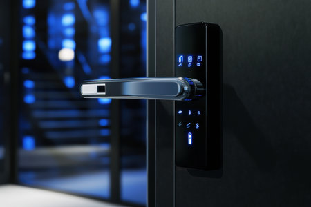 A modern door showcases a keyless entry system with an electronic keypad, illuminated in a sleek environment.の写真素材