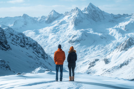 Two individuals stand on a snowy path, admiring the stunning mountain views under a clear blue sky.の写真素材