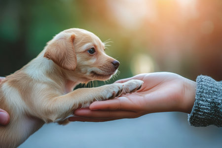 A playful puppy extends its paw towards a child's hand in a warm, sunny environment with soft lighting.の写真素材