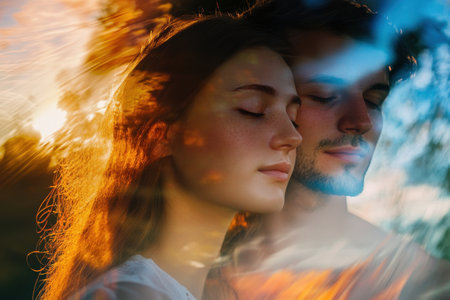 A couple enjoys a peaceful moment together as the sun sets, surrounded by lush greenery and soft colors.の写真素材