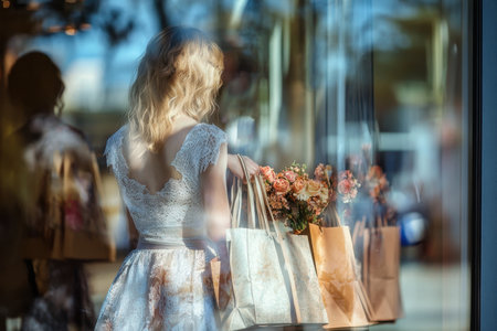 A woman with wavy hair in a floral dress carries shopping bags filled with flowers outside a boutique on a sunny day.の写真素材