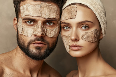 Two individuals share a moment of relaxation, applying natural facial masks as part of their skincare routine.の写真素材