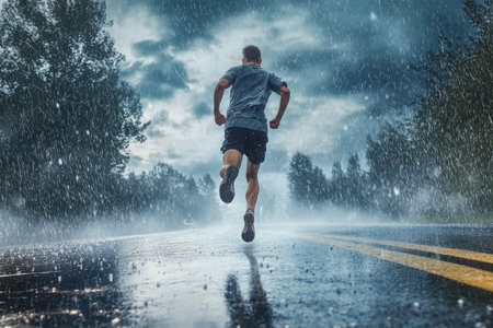 A person runs swiftly on a wet road as rain pours down, surrounded by dark clouds and trees.の写真素材