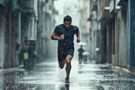 A determined runner navigates a rainy street, reflecting the energy of the city while competing against the storm.の写真素材