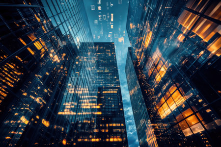 Stunning view of illuminated skyscrapers reflecting in the glass facade under a night sky.の写真素材