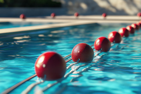 Red flotation buoys line the edge of a sparkling pool, reflecting sunlight in warm weather.の写真素材