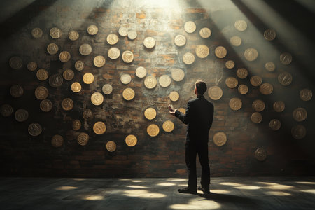 A person stands in a dark room, gazing at an array of shiny golden coins arranged on a wall.の写真素材