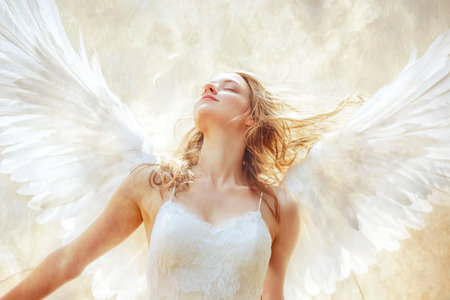 A woman with large white wings stands with closed eyes, basking in golden light and feeling at peace outdoors.の写真素材