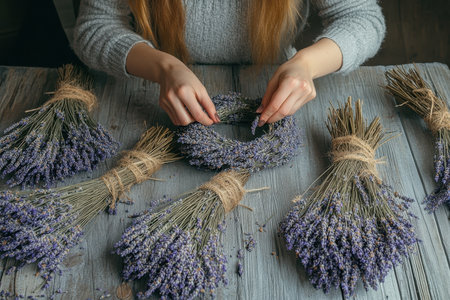 A woman skillfully assembles lavender wreaths on a textured wooden surface surrounded by lavender bundles.の写真素材