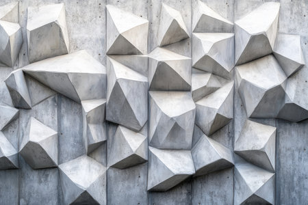 Textured concrete wall showcases an intricate arrangement of angular shapes and patterns in urban settings.の写真素材