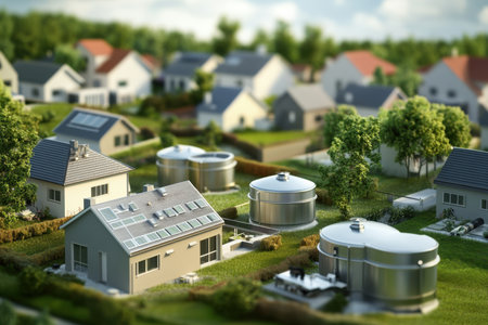 Houses equipped with solar panels and water tanks are surrounded by greenery in a serene suburb.の写真素材