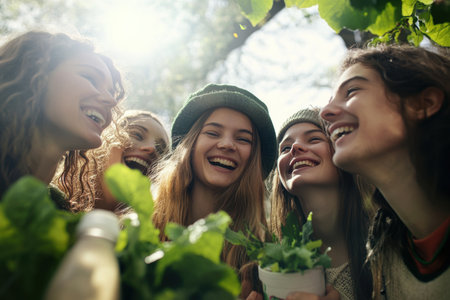 Five happy women gather in a sunlit forest, laughing and sharing fresh greens together, creating joyful memories.の素材