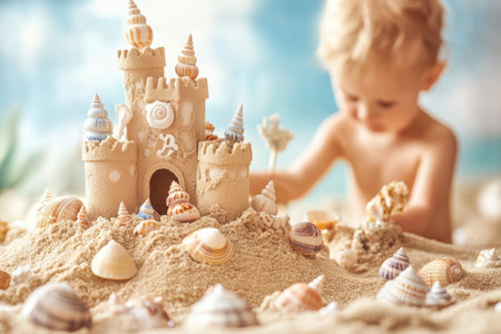 A young child constructs a detailed sandcastle on the beach using seashells as decoration, enjoying a sunny day.の写真素材