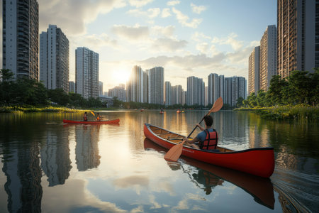 Two people kayak on a calm lake at sunset, with a vibrant skyline reflecting on the water's surface.の写真素材