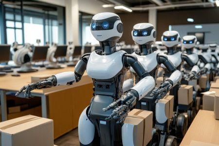 High-tech robots efficiently organize packages in a busy office environment filled with computers.の写真素材
