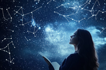 A woman stands in awe under a starry sky, observing constellations while holding a book in her hands.の写真素材