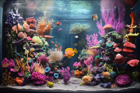 A stunning aquarium displays an array of colorful coral, exotic fish, and lively marine plants in clear water.の写真素材