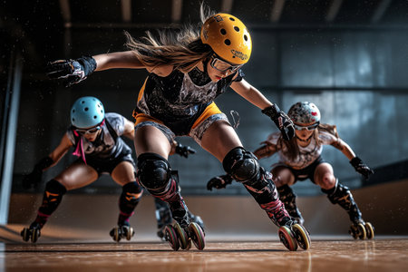 Three roller skating athletes race each other in a skatepark, showcasing their skills and speed during a contest.の写真素材