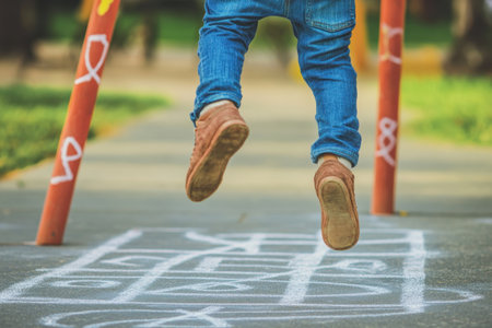 A child leaps joyfully over hopscotch markings in a park on a sunny afternoon, embracing playful fun.の素材