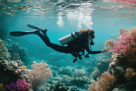 A diver swims gracefully among vibrant coral formations under bright sunlight in tropical waters.の写真素材